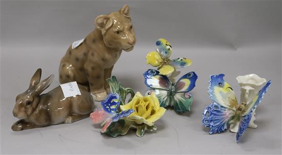 A Bing & Grondahl leopard cub, a Rosenthal rabbit and three Karl Ens butterfly ornaments